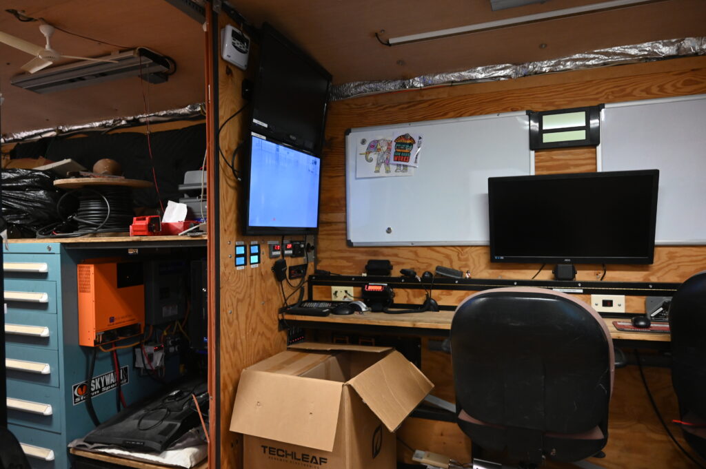 Ham radio equipment setup inside emergency response trailer