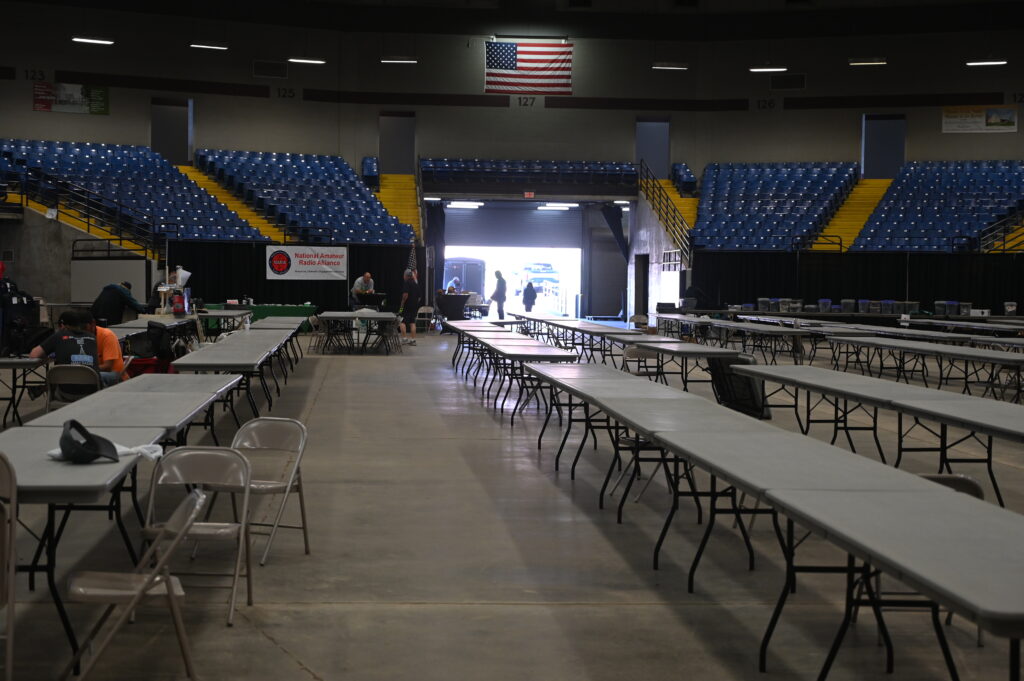 Conference center with empty vendor tables before set up