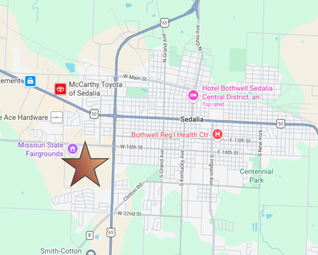 Map of Sedalia, MO with a star above the event location
