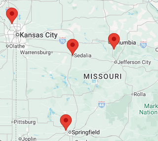 Map of Missouri showing 4 airport locations people can fly into